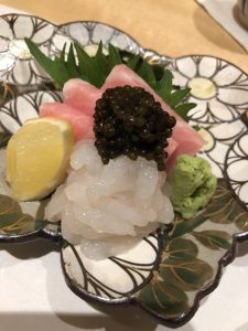 Toro, shiro ebi, and caviar sashimi